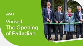 Green banner image of Vivisol office ribbon cutting ceremony with Crawley Mayor, Jilly Hart